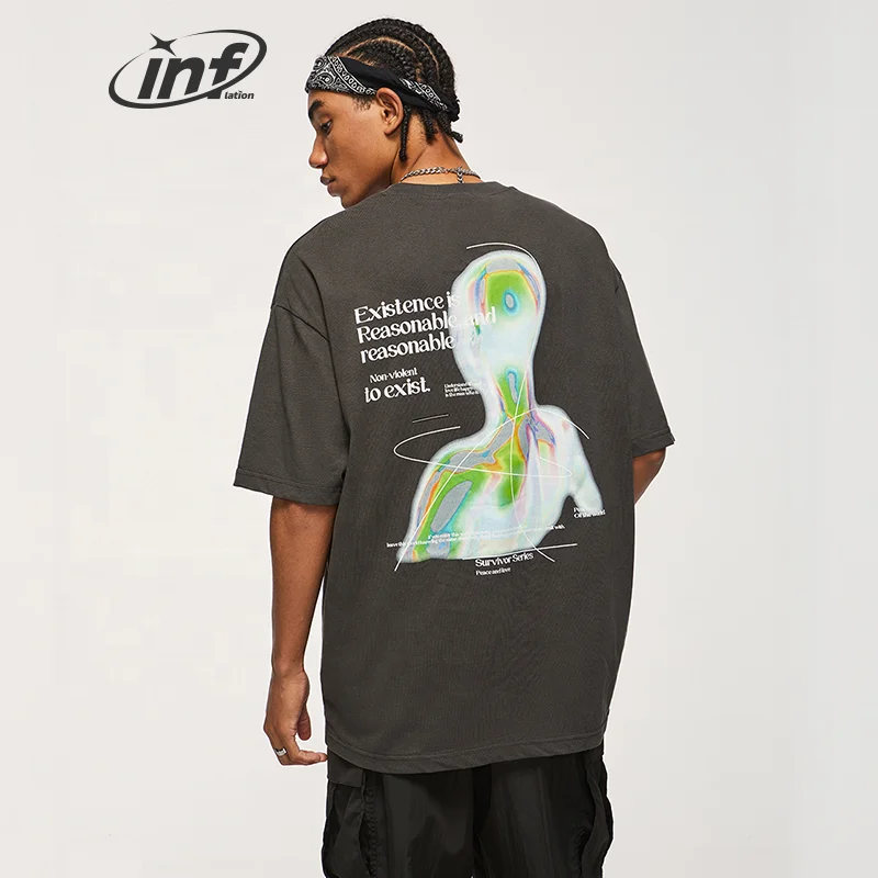 INFLATION Future metaverse Printing Oversize T-shirt Men Cotton Stock Streetwear Hip pop Plus Size Tshirt