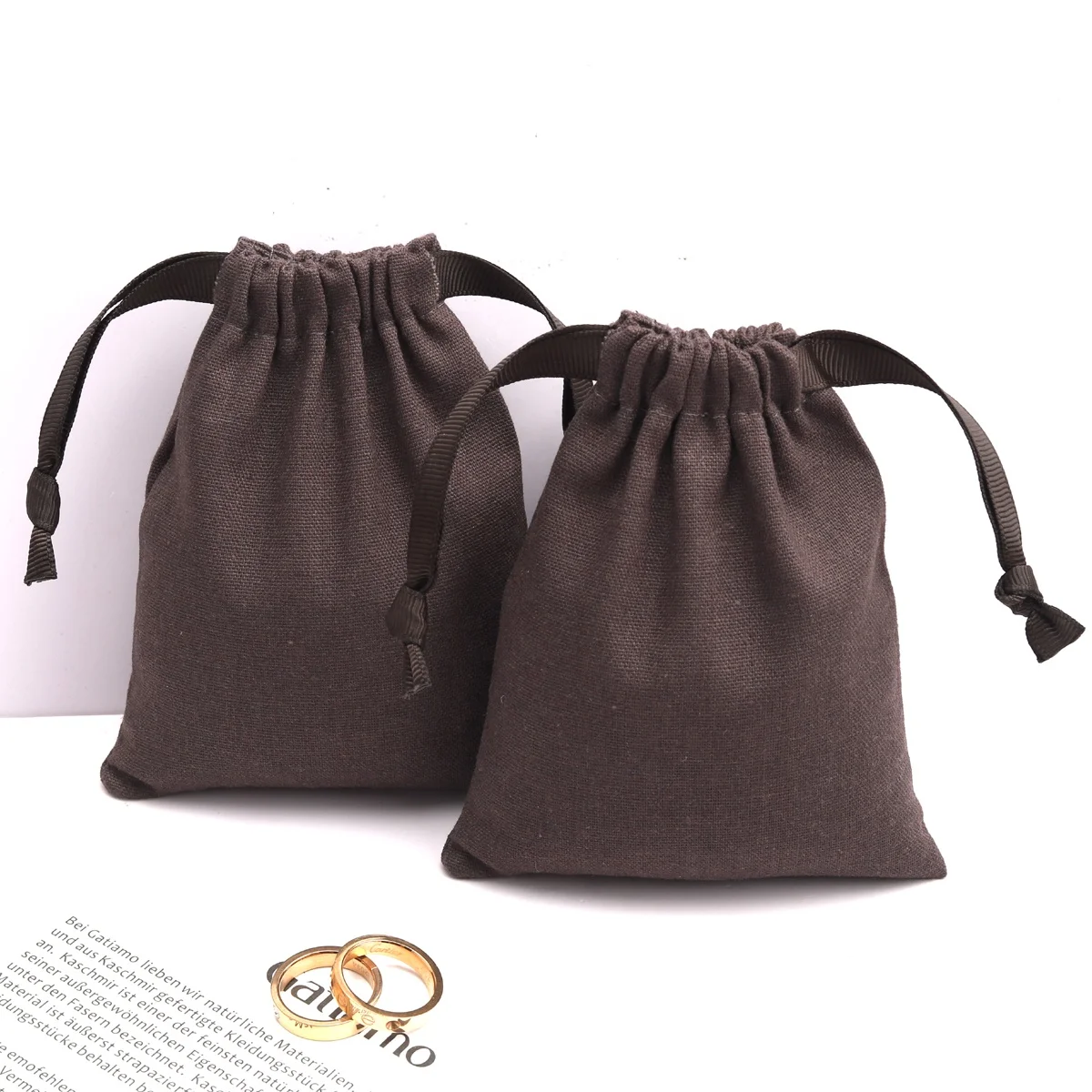 Custom Lgo Printed Brown Cotton Linen Candle Cup Packing Drawstring Bag Reusable Linen Gift Pouch For Candle