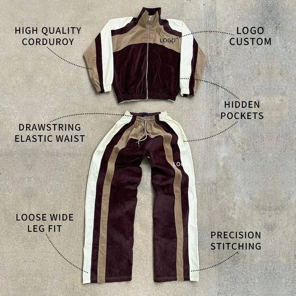 product mens sweatpants and hoodie set zip up custom design oversized streetwear color block patchwork corduroy running jacket tracksuit-2