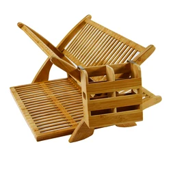 Bamboo Dish Drying Rack with Utensils Flatware Holder Set Large Folding Drying Holder for Kitchen, Collapsible Drainer