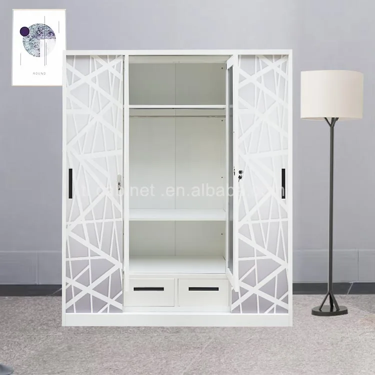 Modern Home Baby Bedroom Iron 4-Door Steel Almirah Wardrobe with Printed Pattern Sliding Metal Door Bedroom Furniture