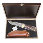 Sheath Damascus Folding Hunting Knife Leather Sheath Packing With Wood Box