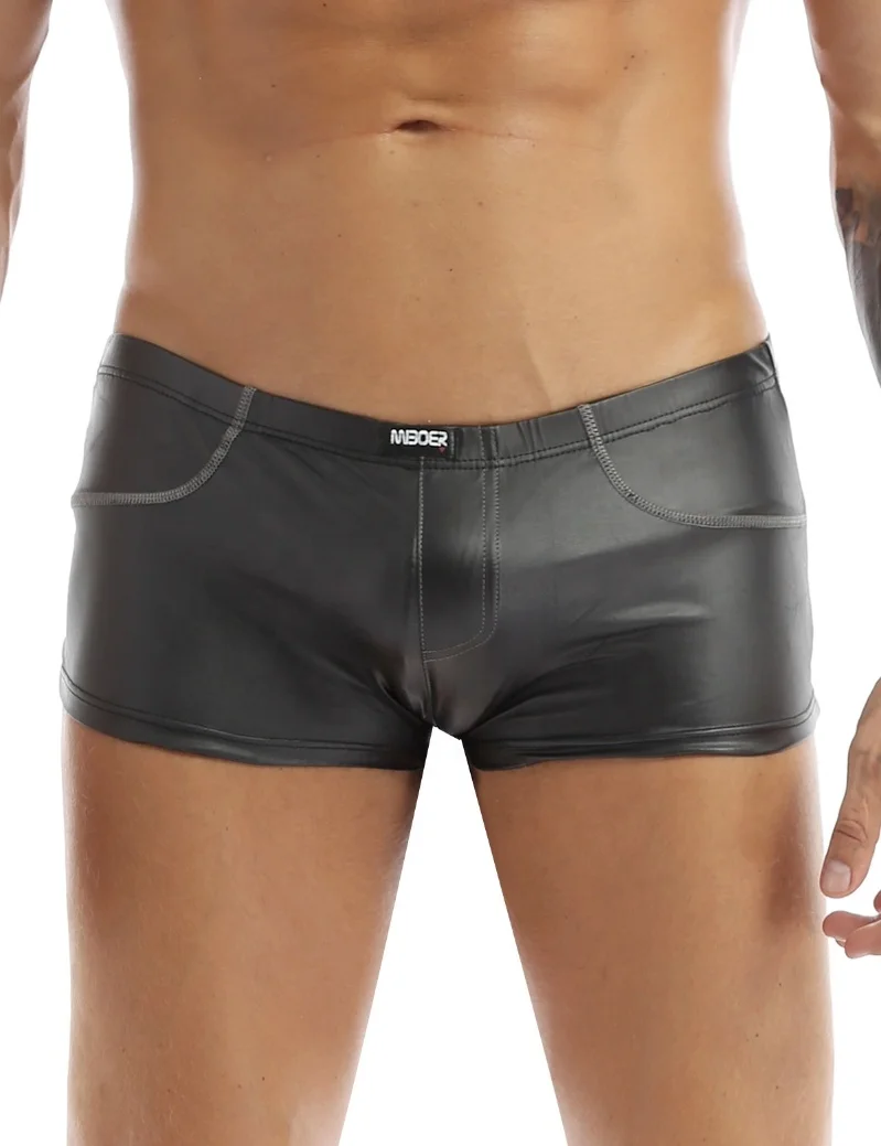 Fashion Plus Size Boxer Briefs Mens Black Holes Bulge Pouch Leather Shorts Underpants