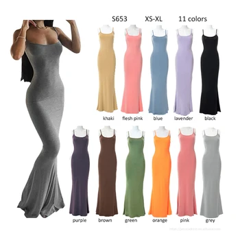 S653-fashion clothing 2022 spaghetti strap women slim fit dress ladies long dress