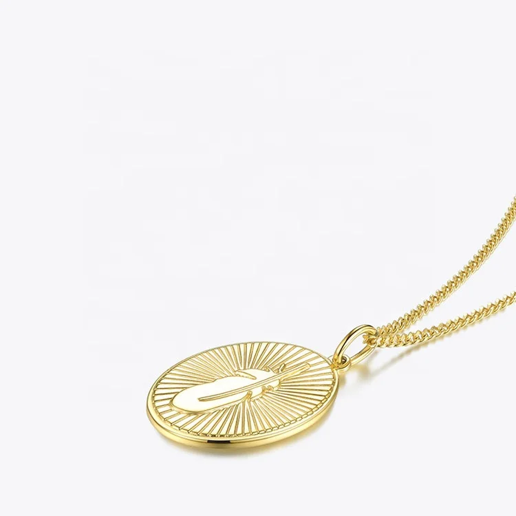 18K Gold Plated Stainless Steel Jewelry Metal Chain Oval Feather Pendant Accessories Necklaces P193044