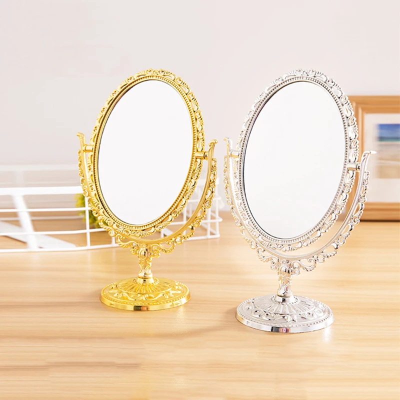 Round oval double-sided rotating table mirror Retro imitation gold imitation silver table vanity mirror lace makeup mirror