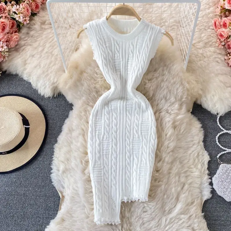New Arrivals Spring Fall Women Sweater Dresses Wholesale Fashion Solid Color Women Knitted Mini Bodycon Dress Sleeveless