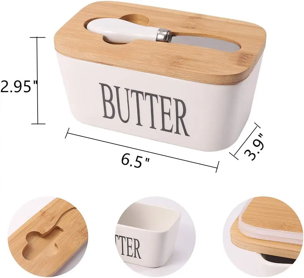 Large Butter Container Box, Ceramic Butter Dish with lid and knife, Butter Keeper with Cover and Silicone Sealing
