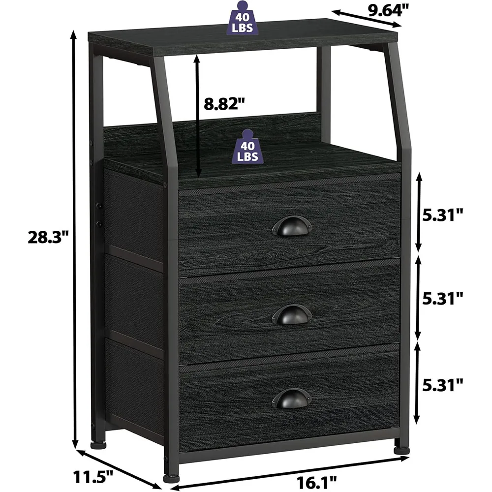 Black Bedside Table Nightstand with 3 Fabric Storage Drawers and 2-Tier Shelf manufacture