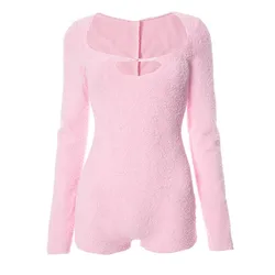 Sexy Pink Tight Wool Bodycon Rompers Party Outfits For Women 2023 Autumn Hollow Out U Neck Jumpsuits Long Sleeve Romper