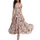 Maxi Elegant Women's Floral Maxi Dresses 100% Rayon Boho Button Up Short Sleeves Split Beach Party Dress