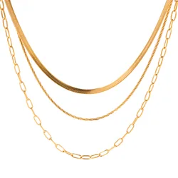 2023 new style Tarnish free gold plated stainless steel multi layer snake chain Paper clip chain  rope chain necklace