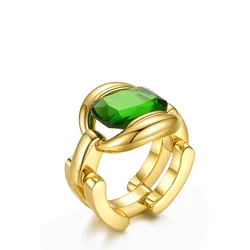 High Quality 18K Gold Plated Stainless Steel Chain Green Glass Stone Accessories Rings R204062