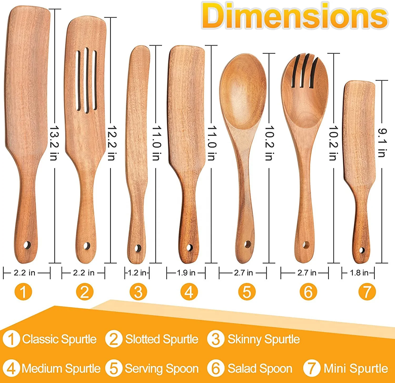2022 new  7Pcs Spoons Cooking Utensil Set Wooden Spurtle Set Natural  Acacia Wood Spatulas Wooden Kitchen Utensils