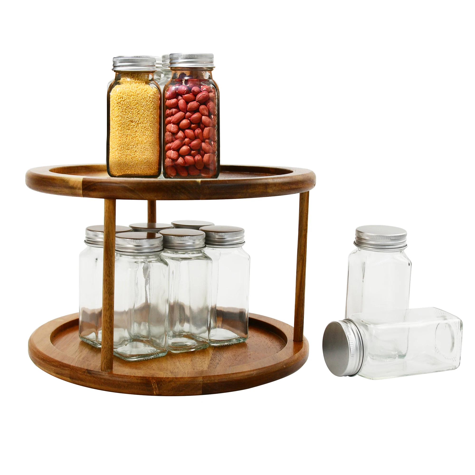Assembling a detachable turntable spice rack, 10 inches, 2-layer wooden kitchen countertop cabinet, rotating seasoning organizer