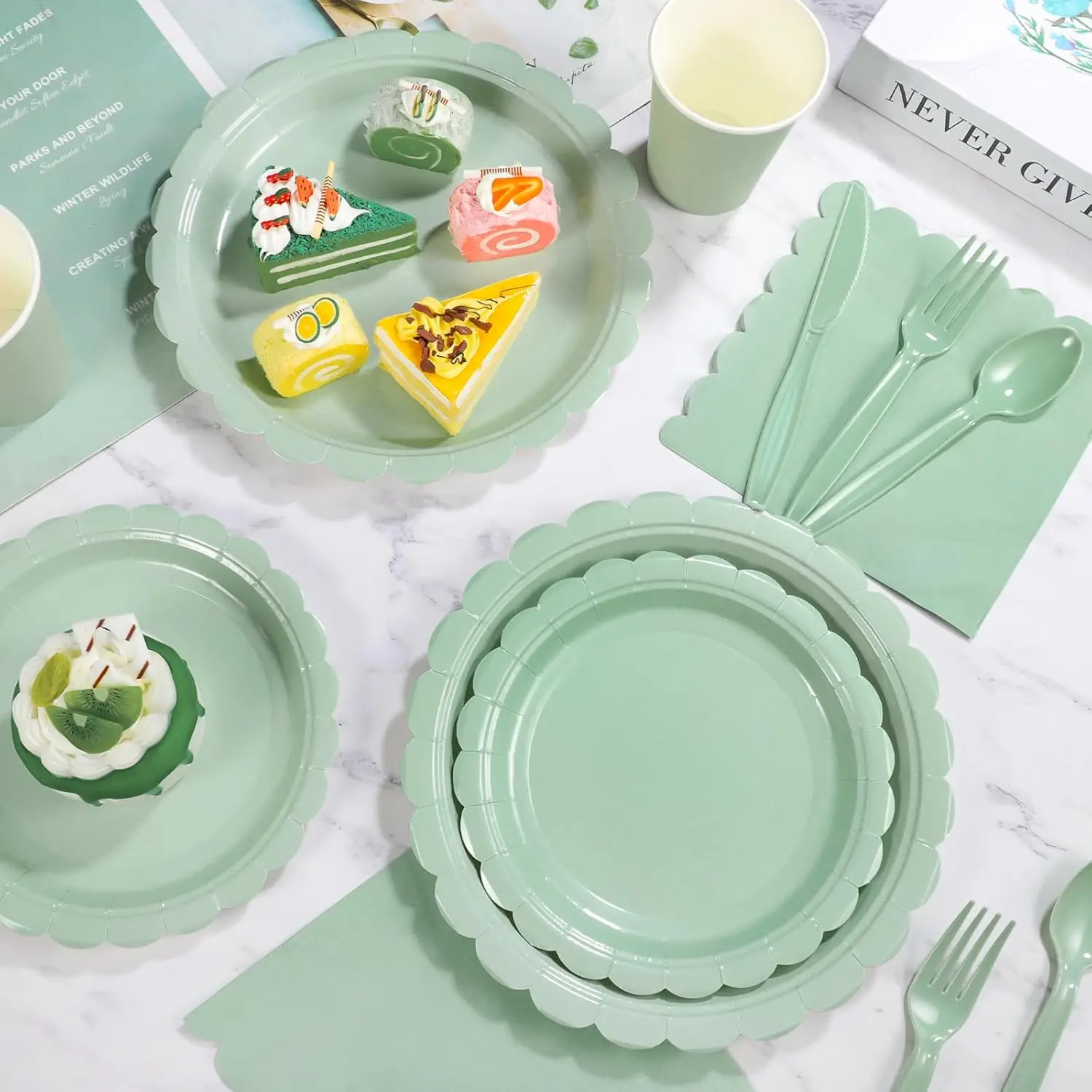 Rat Tail Green Lace Party Tableware Set Solid color Birthday Party Decorations Pure color Disposable Paper Plates And Cups