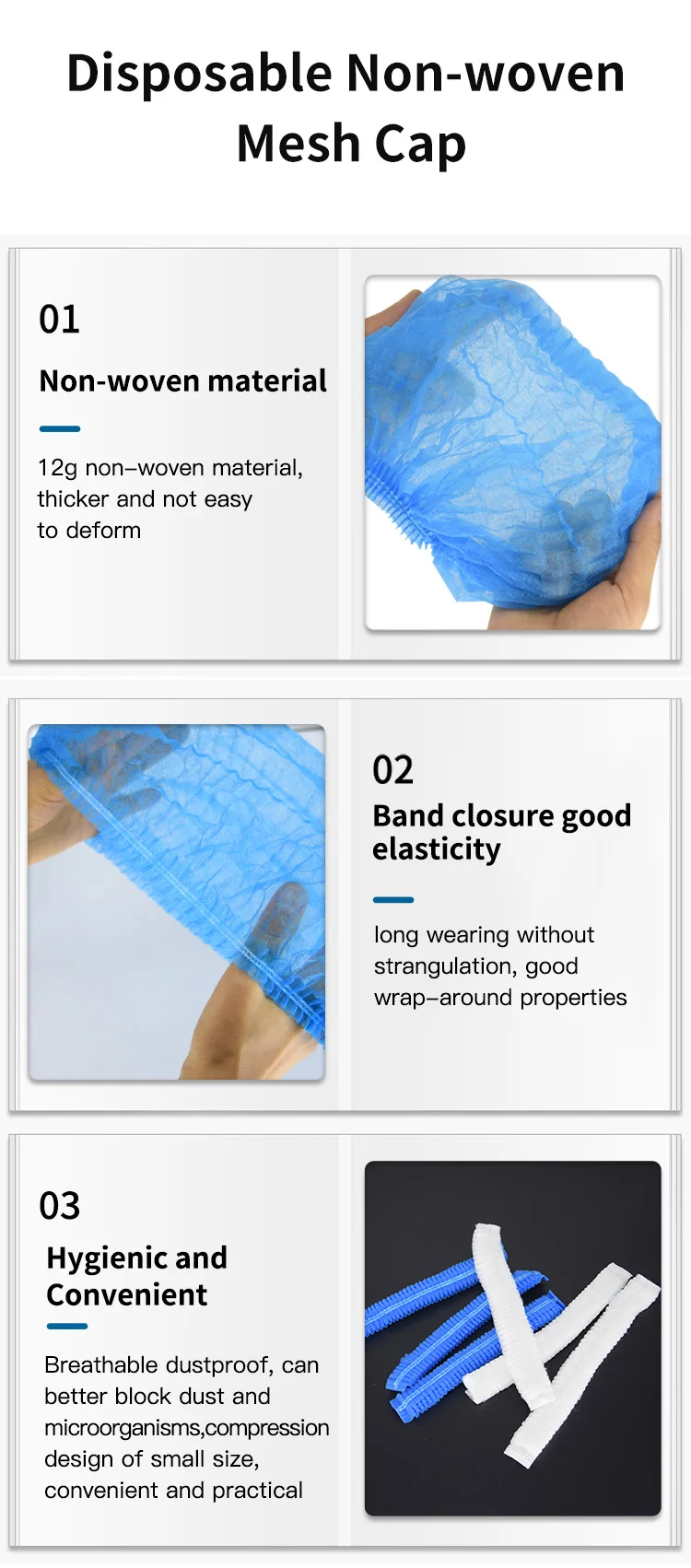 Latex Free Disposable Hair Net with PP Nonwoven Material to Prevent Hair Fall for Food Industry and Cleanroom