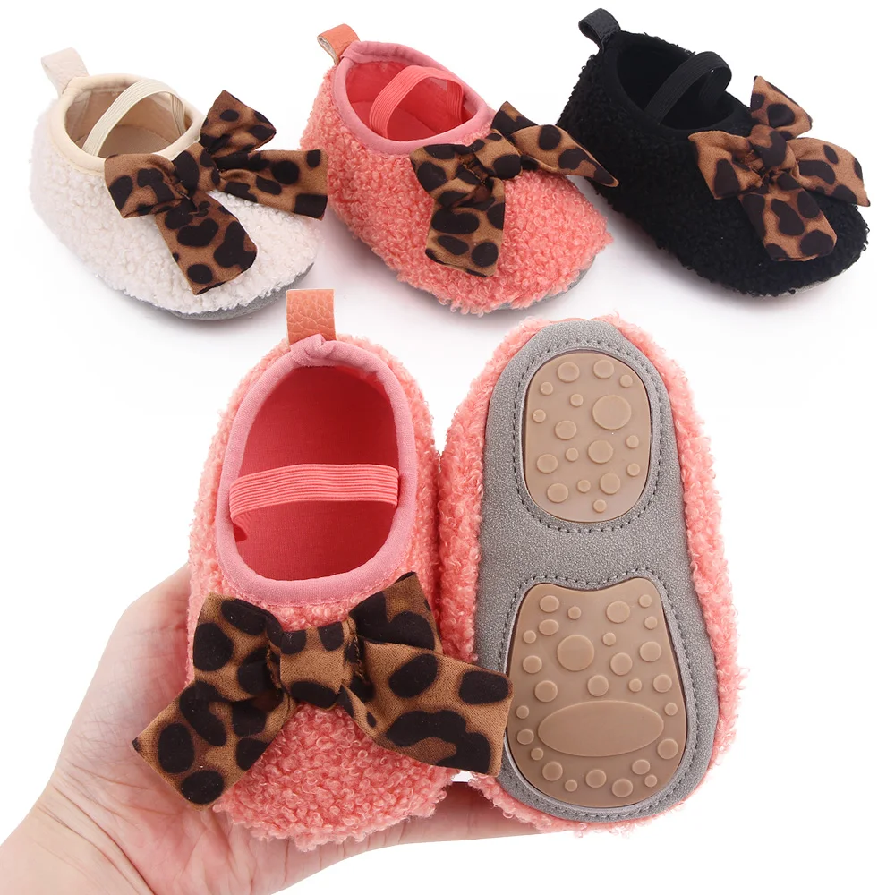0-1 Year Old Infants Foot Set Solid Color Teddy Velvet Leopard Bow Baby Girls Cute Soft Soled Toddler Shoes factory