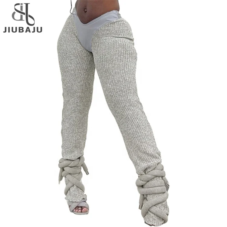Solid Patchwork Knitted Pants Women Bra Midriff Low Waist Slim Casual Trousers Fashion Streetwear Bottoms