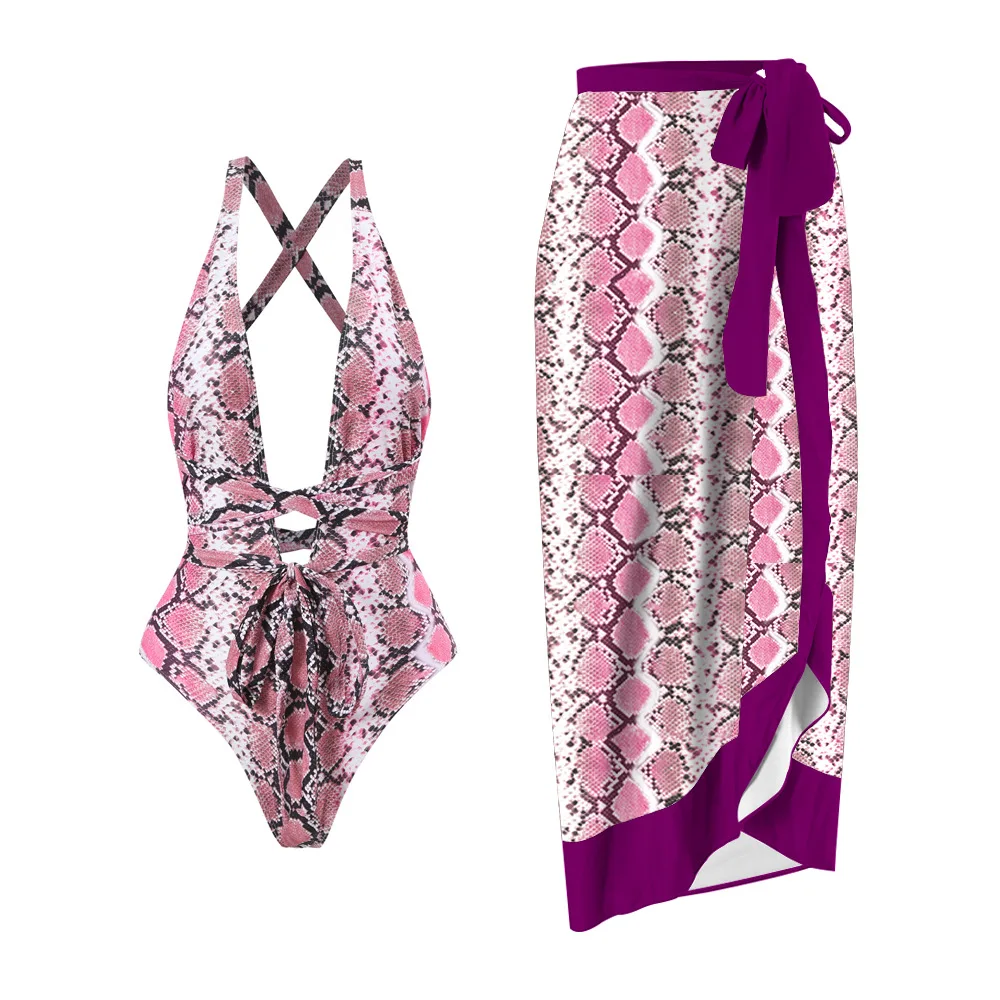 New Arrival Women's Sexy Camisole Backless Leopard One-Piece Swimsuit Bikini Chiffon Lace Up Skirt Swimsuit Set