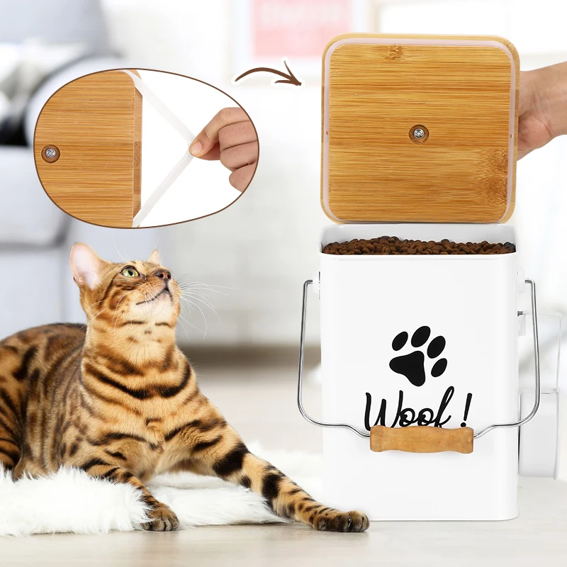 New Arrival Metal Set of Two Pet Food Storage Container Set with Wooden Lid