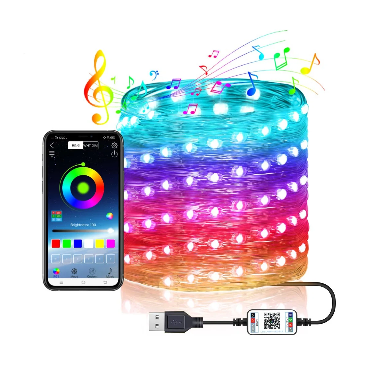 US Smart WiFi Control RGB USB Copper Wire Fairy String Light 100LED Waterproof 
