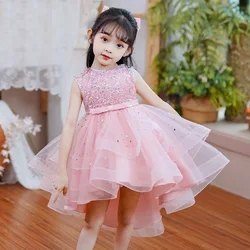 2023 summer new girls sleeveless sequin one-dress train skirt long princess dress