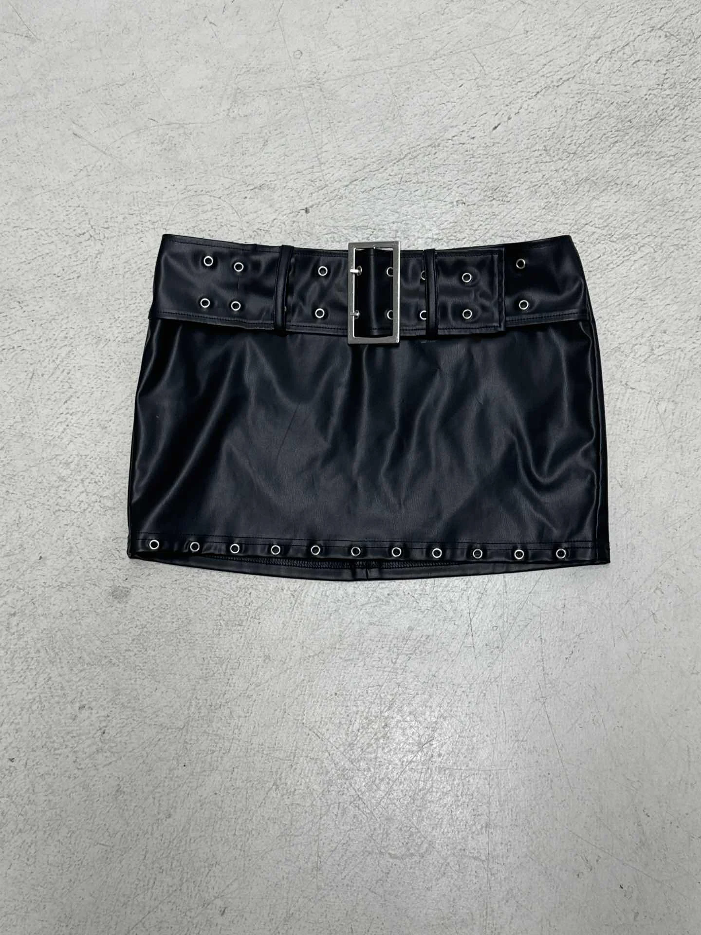 Fashion Punk Style Mini Skirt | Women's Black PU Leather Skirt with Grommet Detail | Custom Clubwear Hebdb1df9558a4c249cdb6fadc79b83a2e