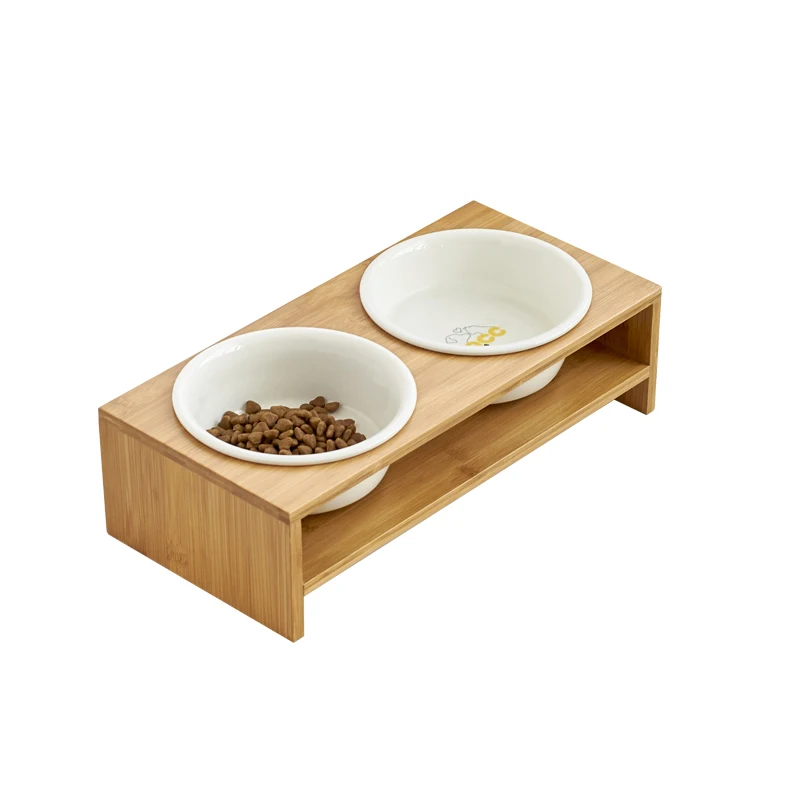 Petilleur Wooden Stand Pet Bowls Raised Cat Bowls with Bamboo Stand for Cats and Puppy 
