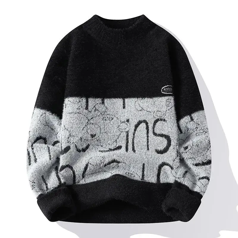 custom men cotton crew neck knitted sweater long sleeve letter pattern vintage stripes pullover letterman sweater