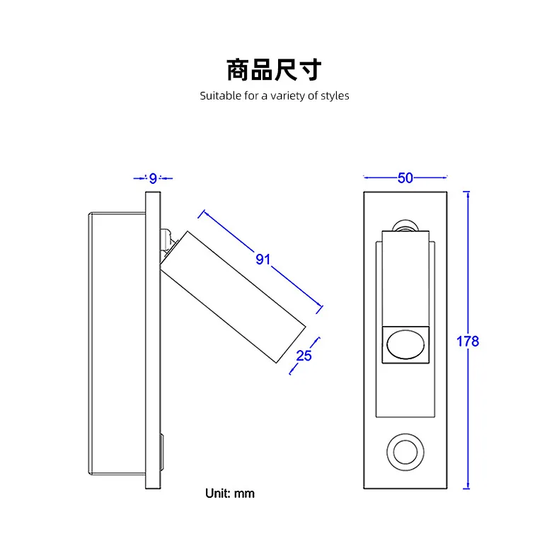 Modern Recessed Hotel Bedside Wall Reading Lamp LED Bed Head Reading Light