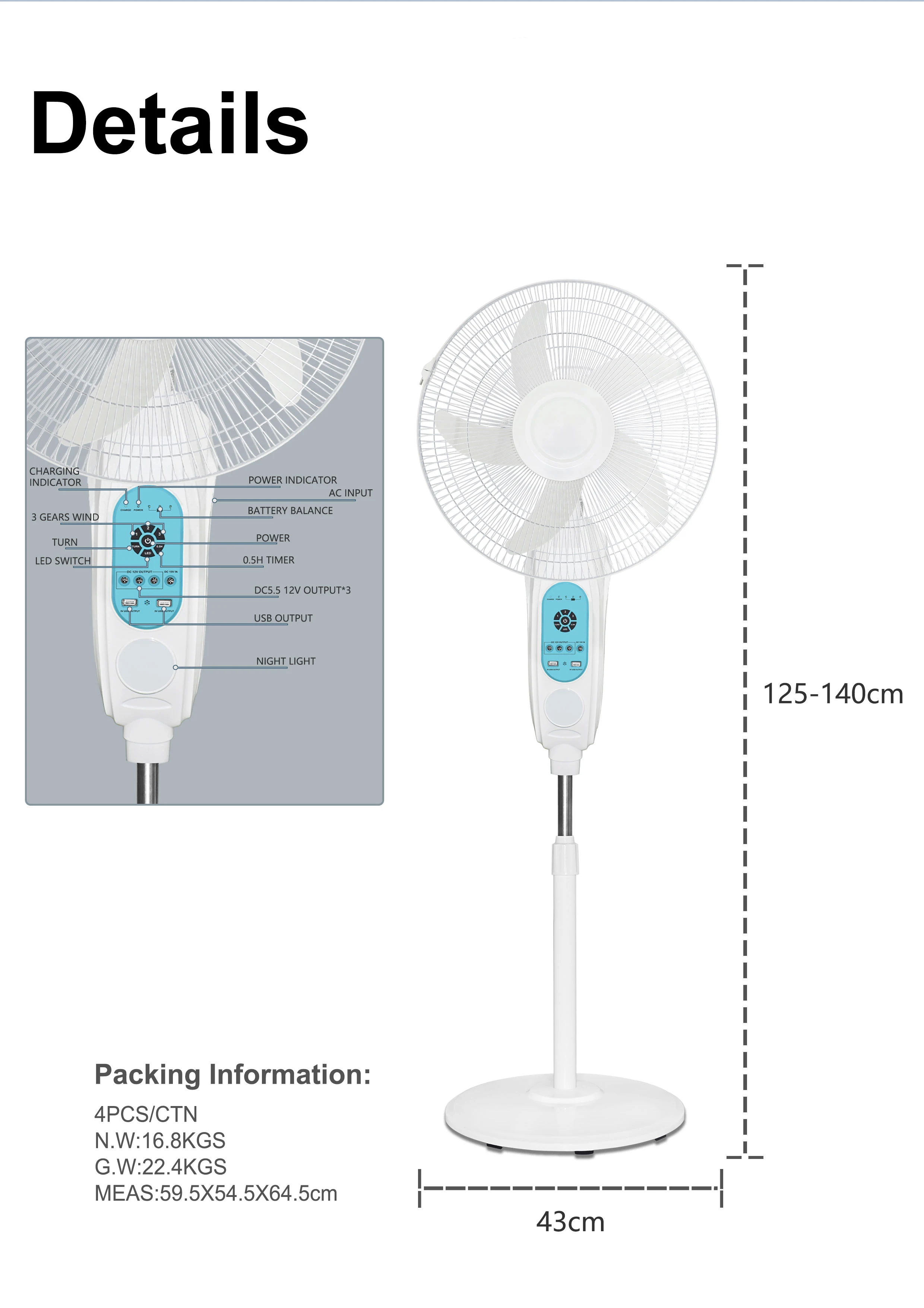 Rechargeable Standing Fan, Solar, 30W, Plastic - detail 2