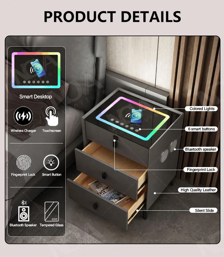 Nightstand Touch Sensing Led Light Dual Usb Smart Wireless Charger Speaker Design Fingerprint Lock Bedside Table