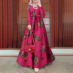 Factory Wholesale Women's Long Sleeve Dresses Cotton Linen Print Floral Loose  O-Neck Muslim Women's Clothes  Casual Dress