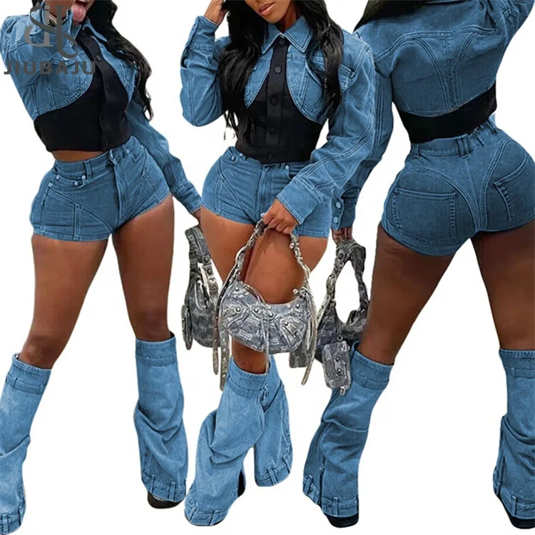 Women Patchwork Denim Set Long Sleeve Mini Jacket And Jeans Shorts 2023 Autumn Street Chic Two 2 Piece Set
