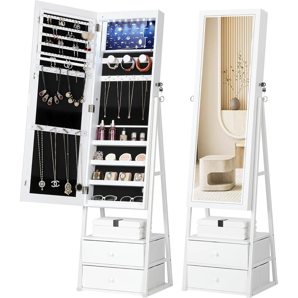 2 Drawers Lockable White Jewelry Armoire with Full-Length Mirror Wood Jewelry Storage Cabinet for Living Room supplier