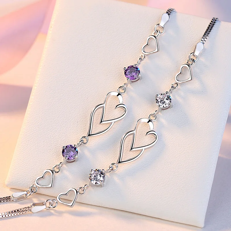 trendy connected heart bracelets women,wholesale 925 sterling silver diamond bracelets jewelry OEM