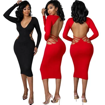 Spring 2022 women s clothing v neck skinny plus size black sexy dress cutout open back straight dresses for ladies