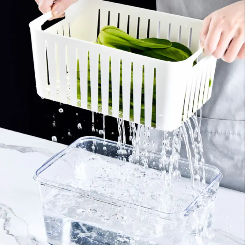 Kitchen Fruit Vegetable Colander Plastic Strainer Fridge Storage Box with Drain Design