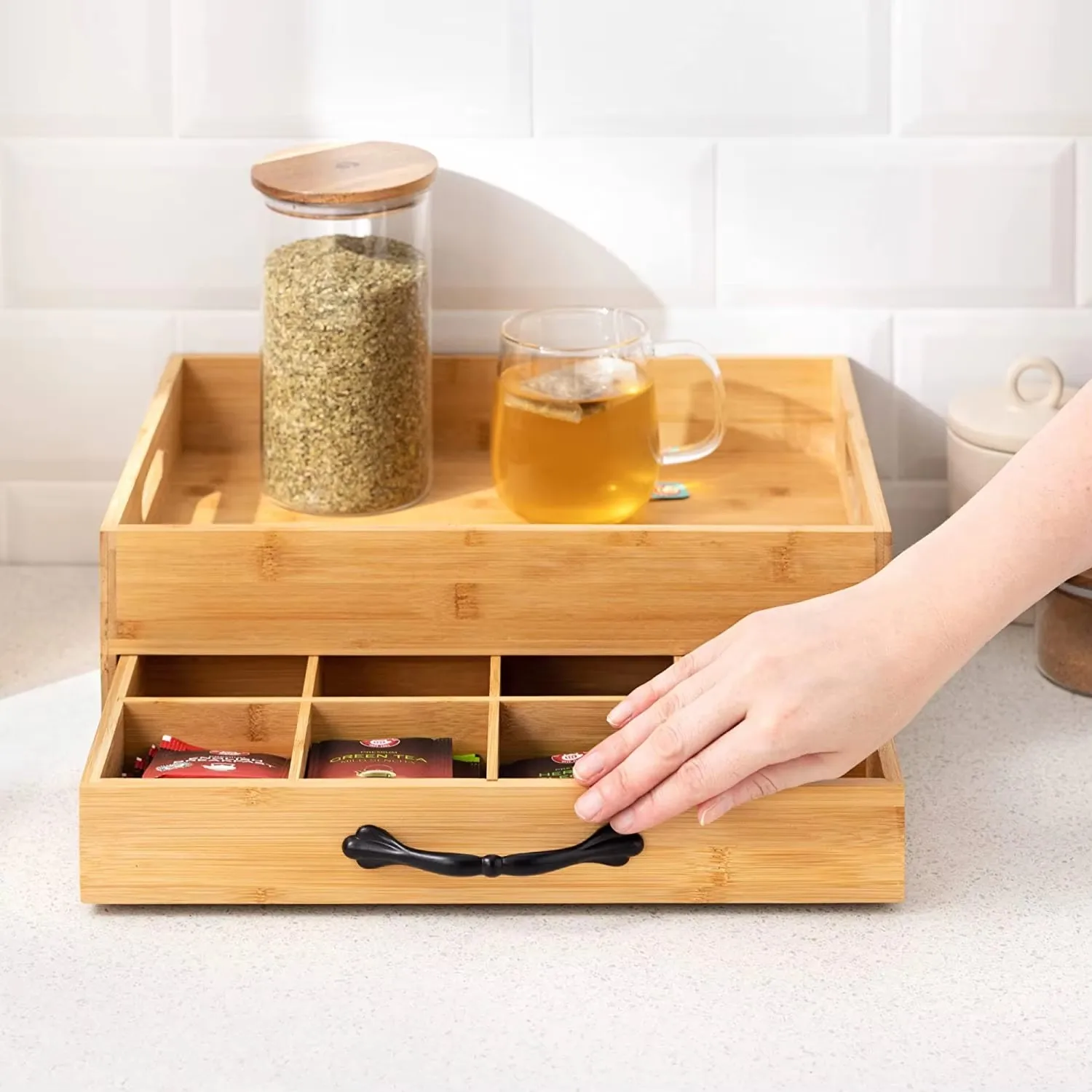 product bamboo lacquer finish rectangle classic coffee station organizer kcup pod holder countertop beverage tea bag storage drawer-6