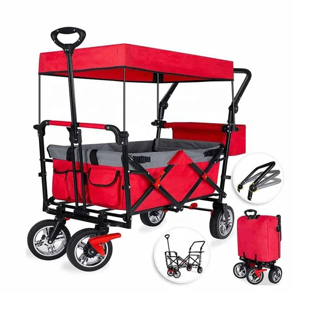 Quality Collapsible Foldable Wagon with Canopy Steel OEM Foldable Shopping Trolley 8 Inch Cargo & Storage Equipment Steel Frame