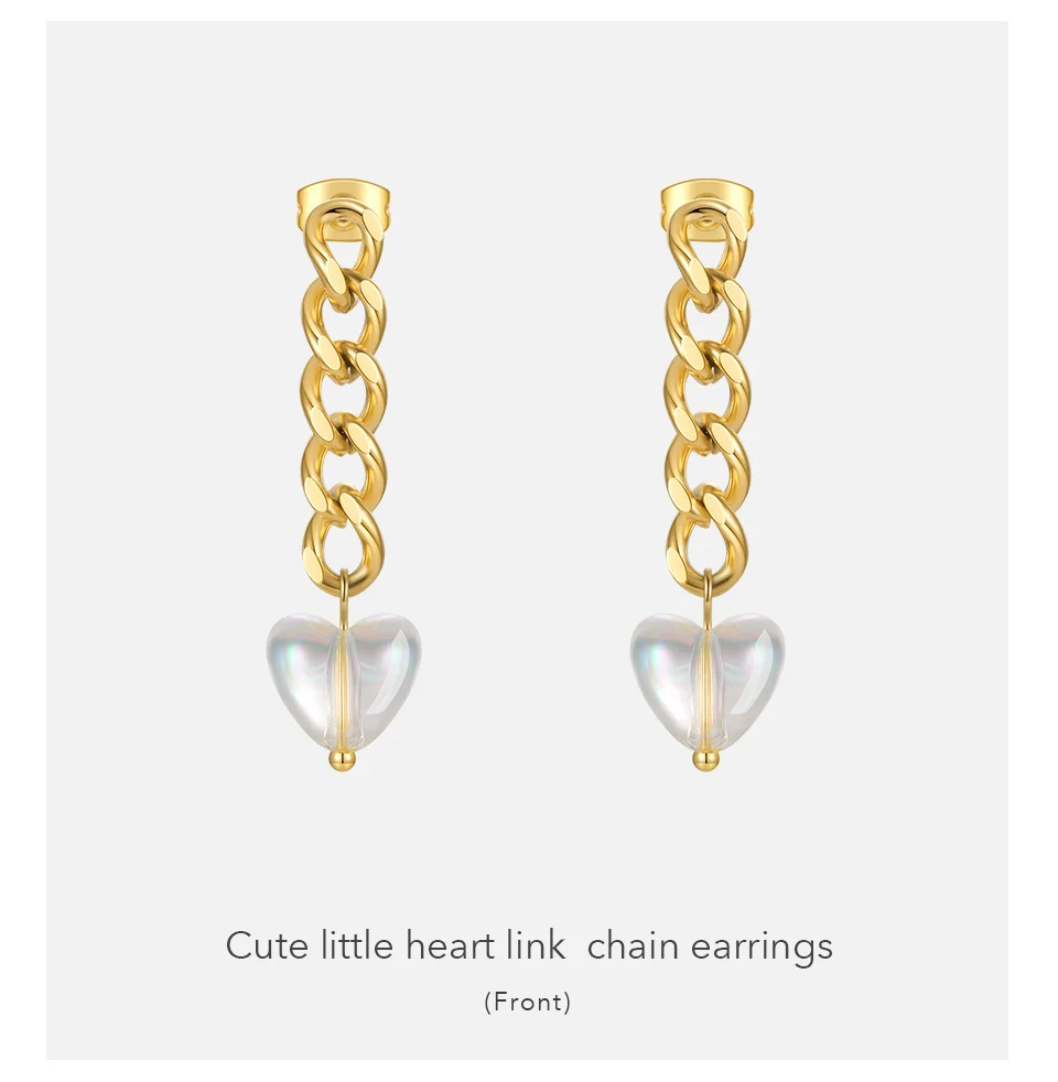 Fashion 18K Gold Plated Stainless Steel Jewelry Cuban Chain Colored Resin Heart Pendant Earrings E211307 6