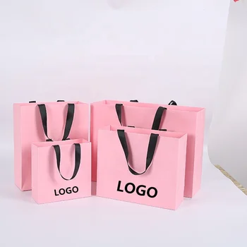Custom Logo Luxury Shopping Bag Pink Paper Bag With Ribbon Handle