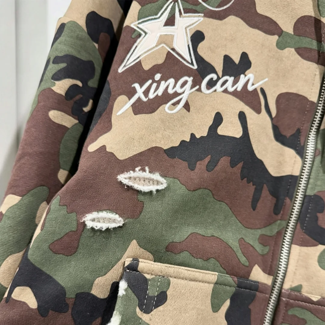 product factory customized camo print distressed men zip up hoodiesupport custom embroidery appliqueoem clothing manufacturer-2