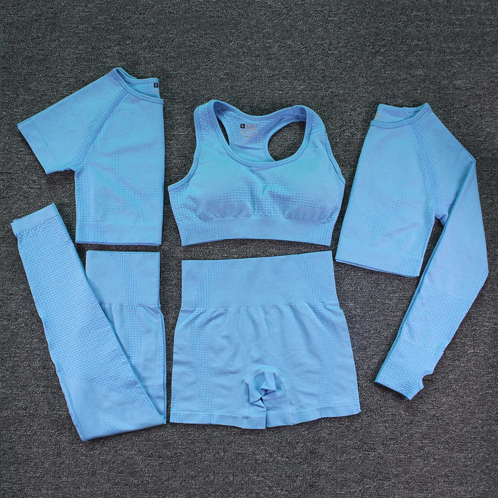 5PCS Seamless T-shirts Shirts Sleeve Stock Yoga Crop Top Shorts Women Workout Gym Fitness Sets Yoga Pants Legging Bra Sportswear