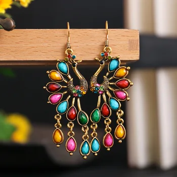 Vintage Peacock Drop Earrings Women Bohemian Ethnic Style Resin Gem rhinestone Dangle Earrings Indian Jewelry