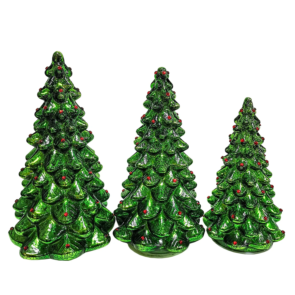 Set of 3 led light up illuminated little green standing mercury hand blown glass Xmas Christmas hue tree decor supplier factory