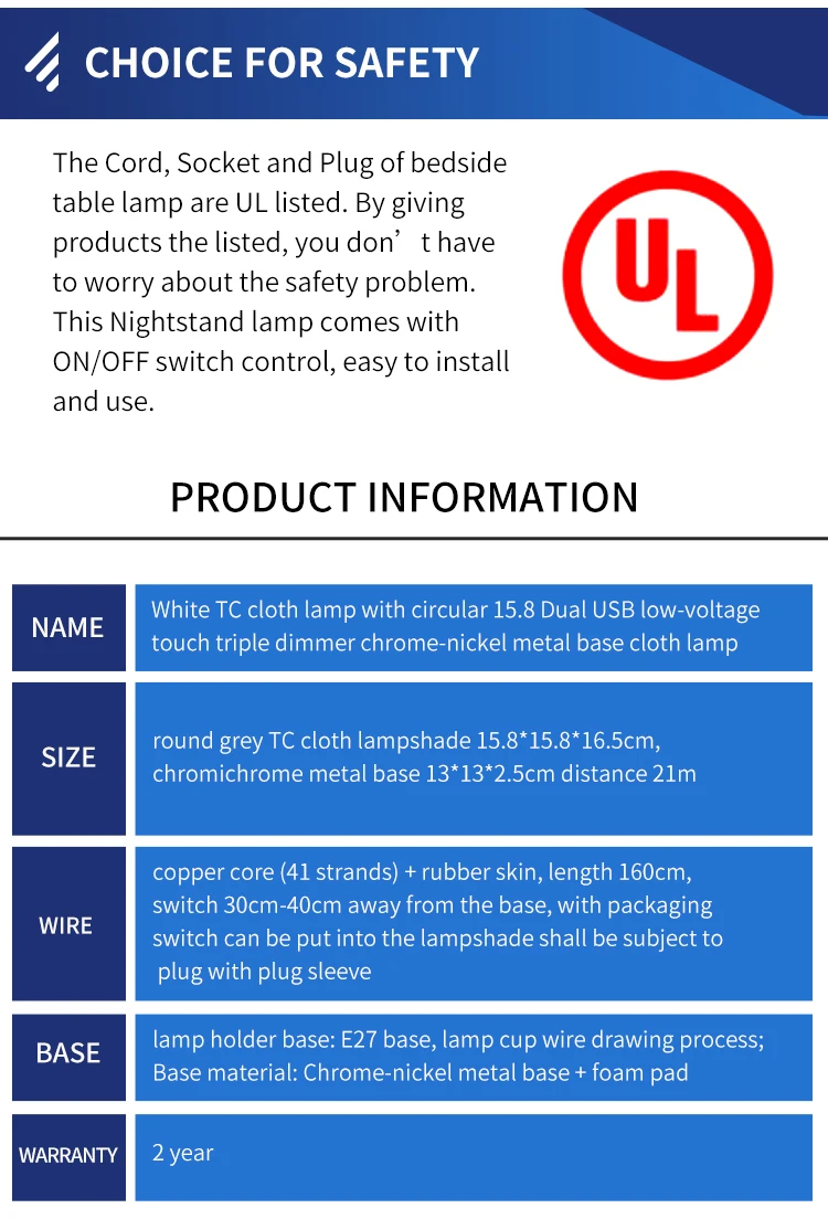 Living room furniture trim lamp Grey TC cloth cover dual USB desk lamp