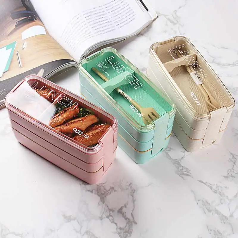 3 Packs Kitchen Lunch Box with Divider Wheat Straw 3-In-1 Microwave  Wheat Straw Soup Box Portable Lunch Box Set with