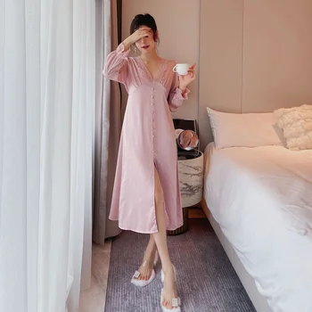 High Quality One Piece Long Sleeves Elegant Sleepwear Vintage Ladies Silk Nightgown V-neck Lace Night Gown